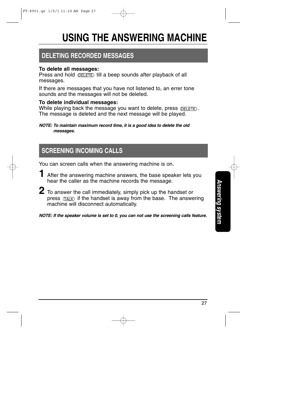 Using the answering machine, Answering system deleting recorded messages, Screening incoming calls | Toshiba FT-8901 User Manual | Page 27 / 38