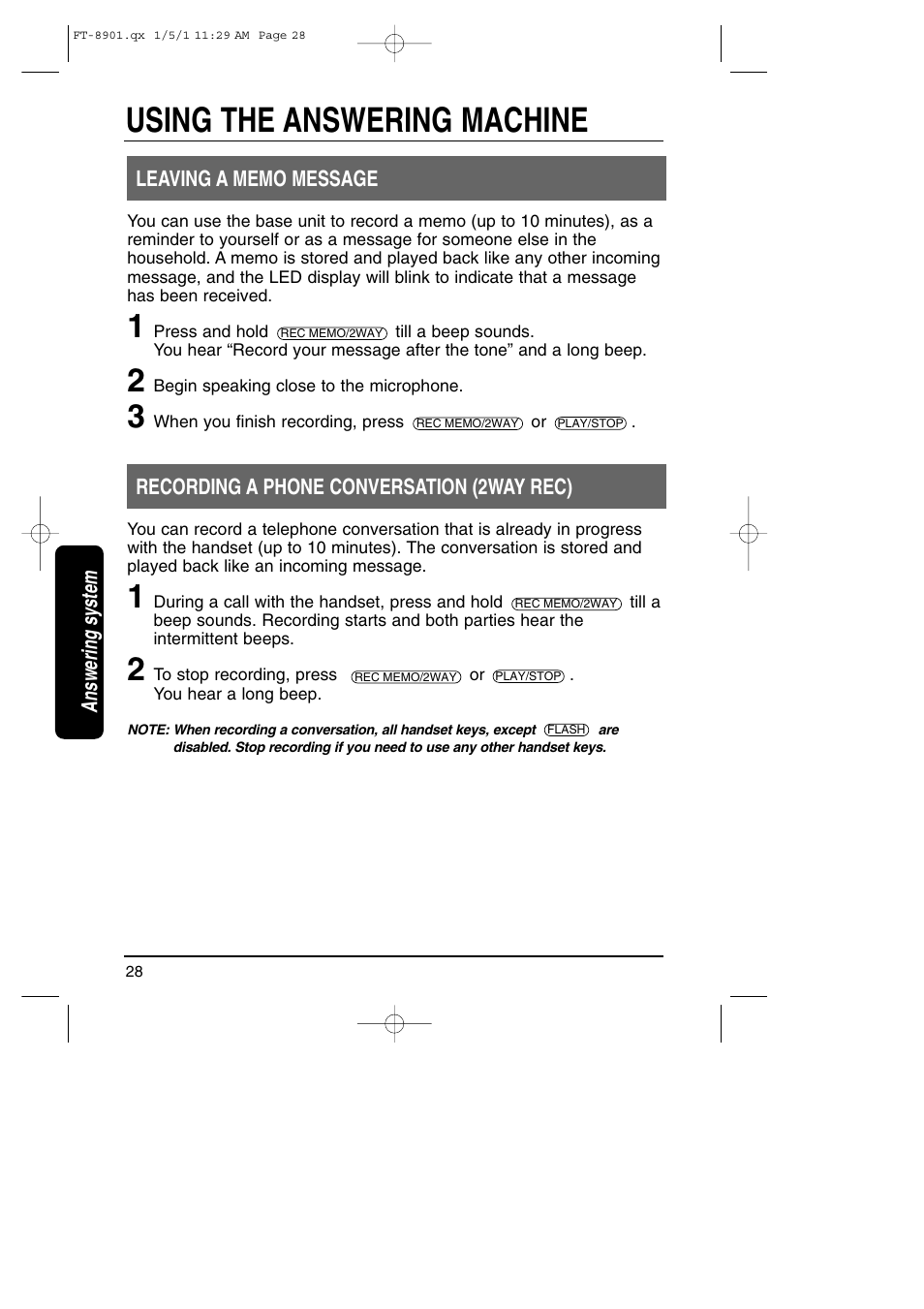 Using the answering machine | Toshiba FT-8901 User Manual | Page 28 / 38