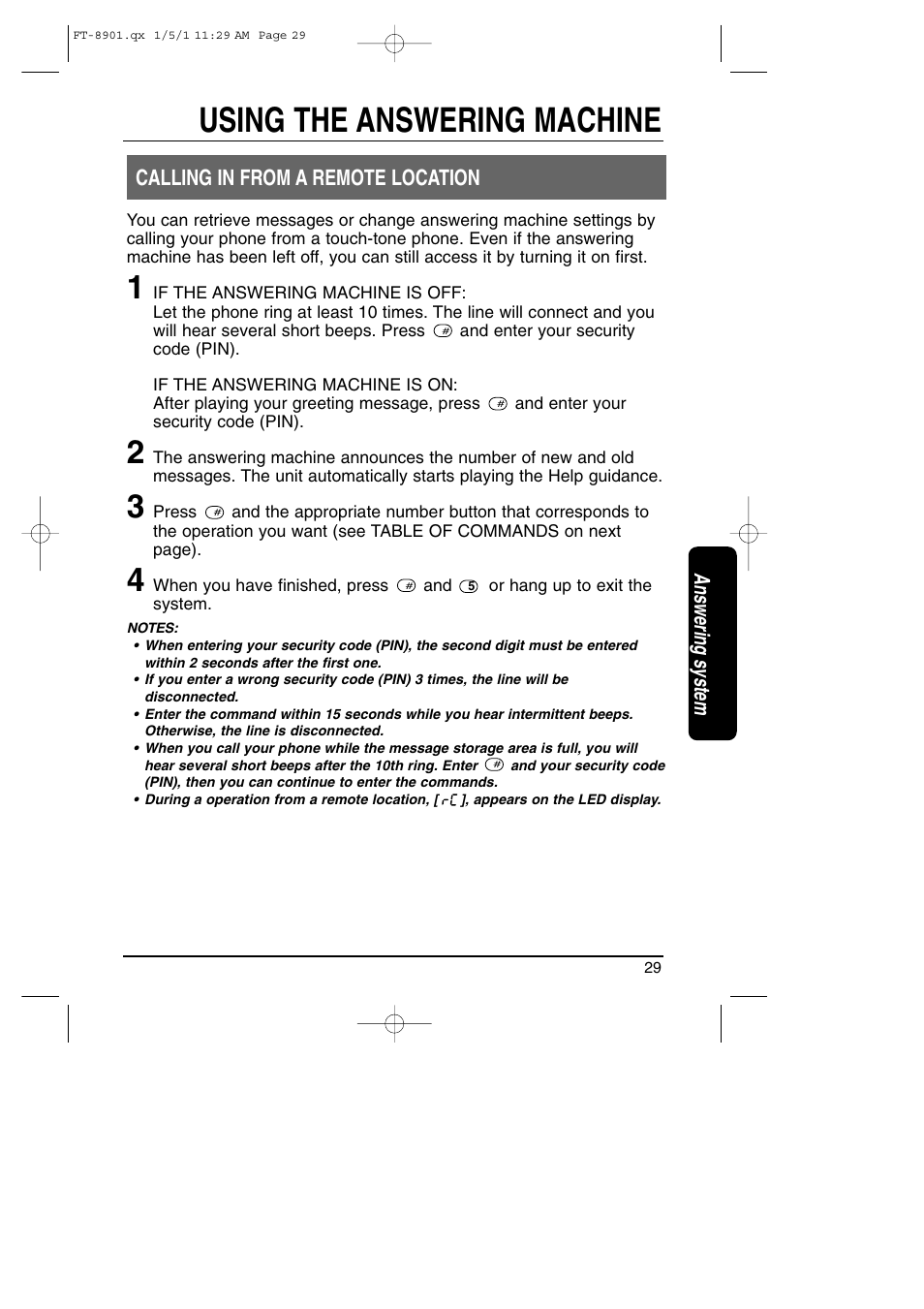 Calling in from a remote location, Using the answering machine, Answering system calling in from a remote location | Toshiba FT-8901 User Manual | Page 29 / 38