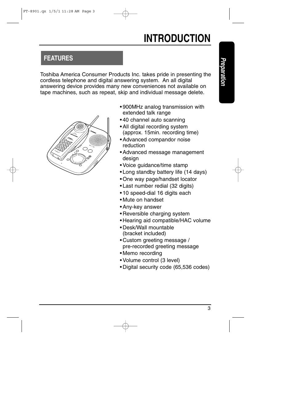 Introduction / features, Introduction, Features | Preparation | Toshiba FT-8901 User Manual | Page 3 / 38