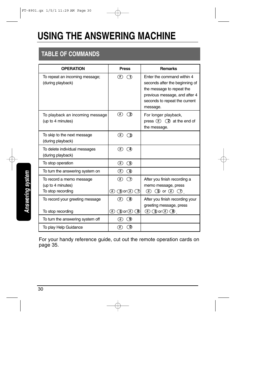 Table of commands, Using the answering machine, Answering system table of commands | Toshiba FT-8901 User Manual | Page 30 / 38