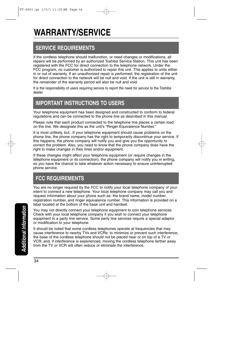 Warranty / service, Warranty/service, Additional information service requirements | Important instructions to users, Fcc requirements | Toshiba FT-8901 User Manual | Page 34 / 38