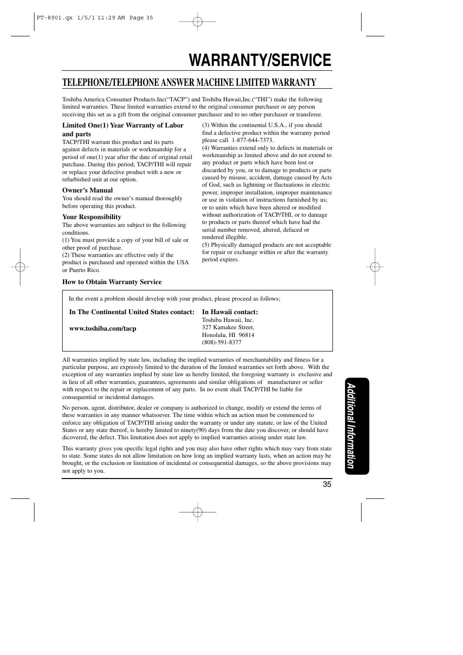 Warranty/service | Toshiba FT-8901 User Manual | Page 35 / 38