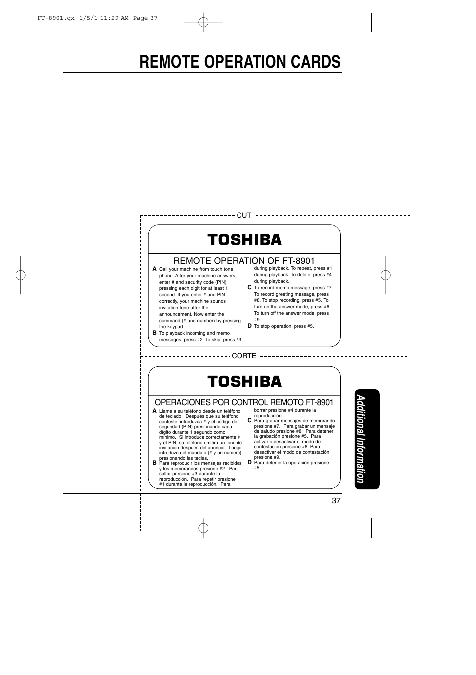 Remote operation cards, Additional information, Remote operation of ft-8901 | Operaciones por control remoto ft-8901 | Toshiba FT-8901 User Manual | Page 36 / 38