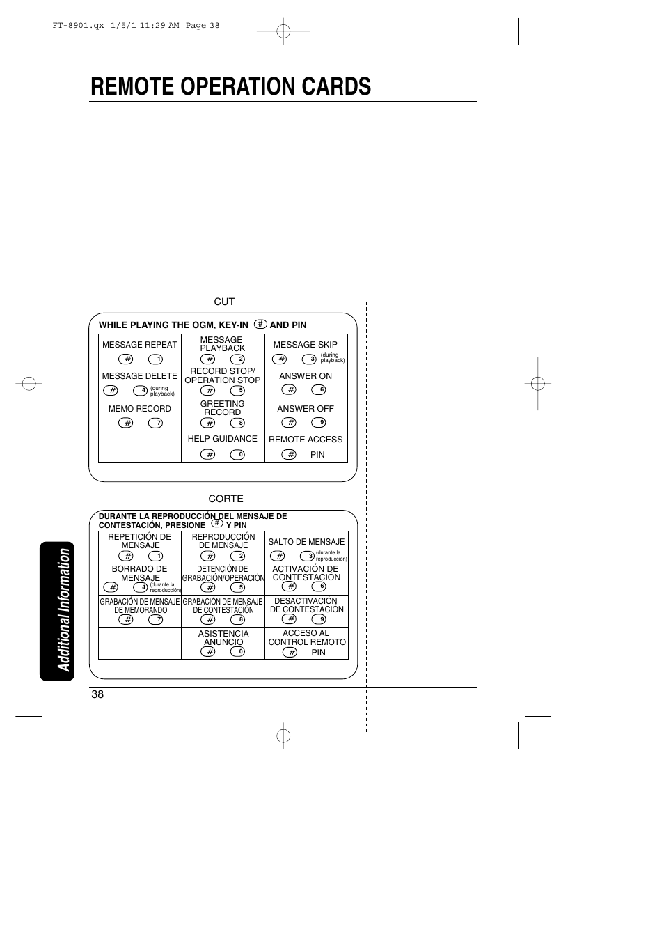 Remote operation cards, Additional information | Toshiba FT-8901 User Manual | Page 37 / 38