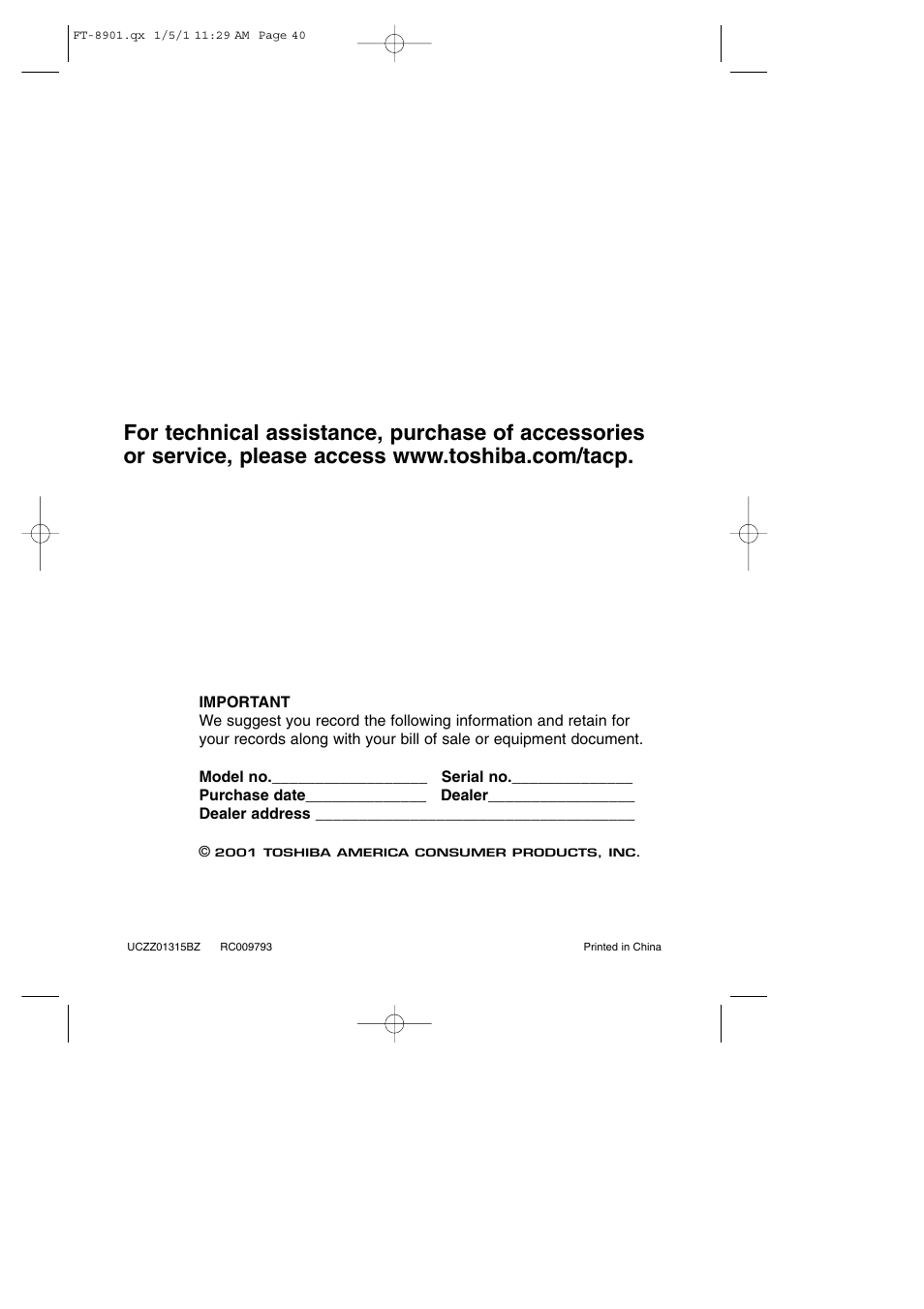 Back cover | Toshiba FT-8901 User Manual | Page 38 / 38