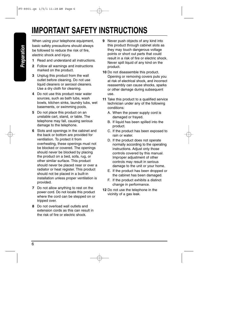 Important safety instructions, Preparation | Toshiba FT-8901 User Manual | Page 6 / 38