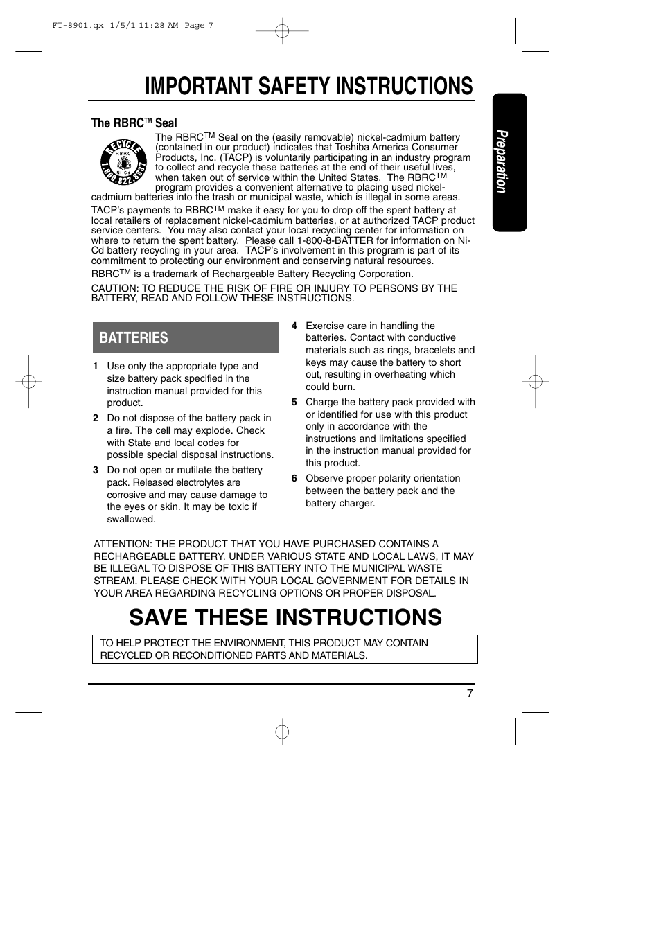 Important safety instructions, Save these instructions, Preparation | Batteries, The rbrc, Seal | Toshiba FT-8901 User Manual | Page 7 / 38