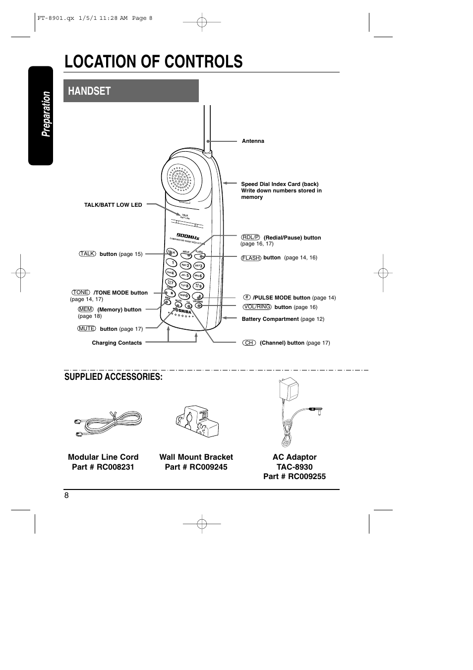 Location of controls, Preparation, Handset | Supplied accessories | Toshiba FT-8901 User Manual | Page 8 / 38