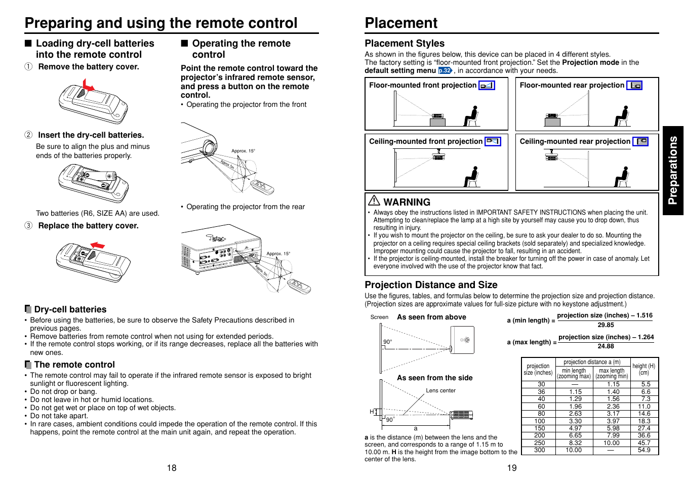 Preparing and using the remote control placement, Preparations | Toshiba TDP-SW20 User Manual | Page 10 / 37