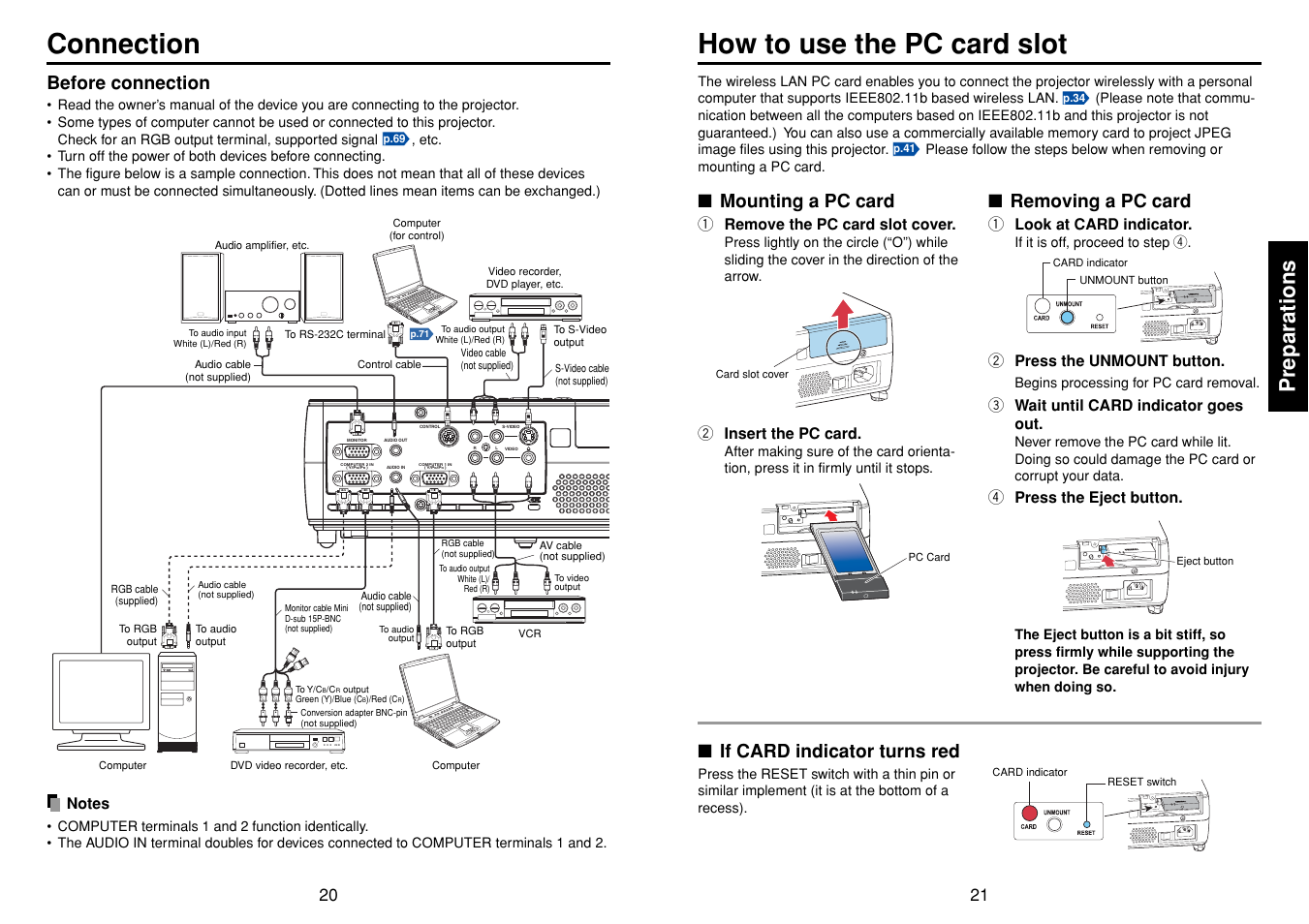 Connection, How to use the pc card slot, Preparations | Before connection, Removing a pc card, Mounting a pc card, If card indicator turns red | Toshiba TDP-SW20 User Manual | Page 11 / 37