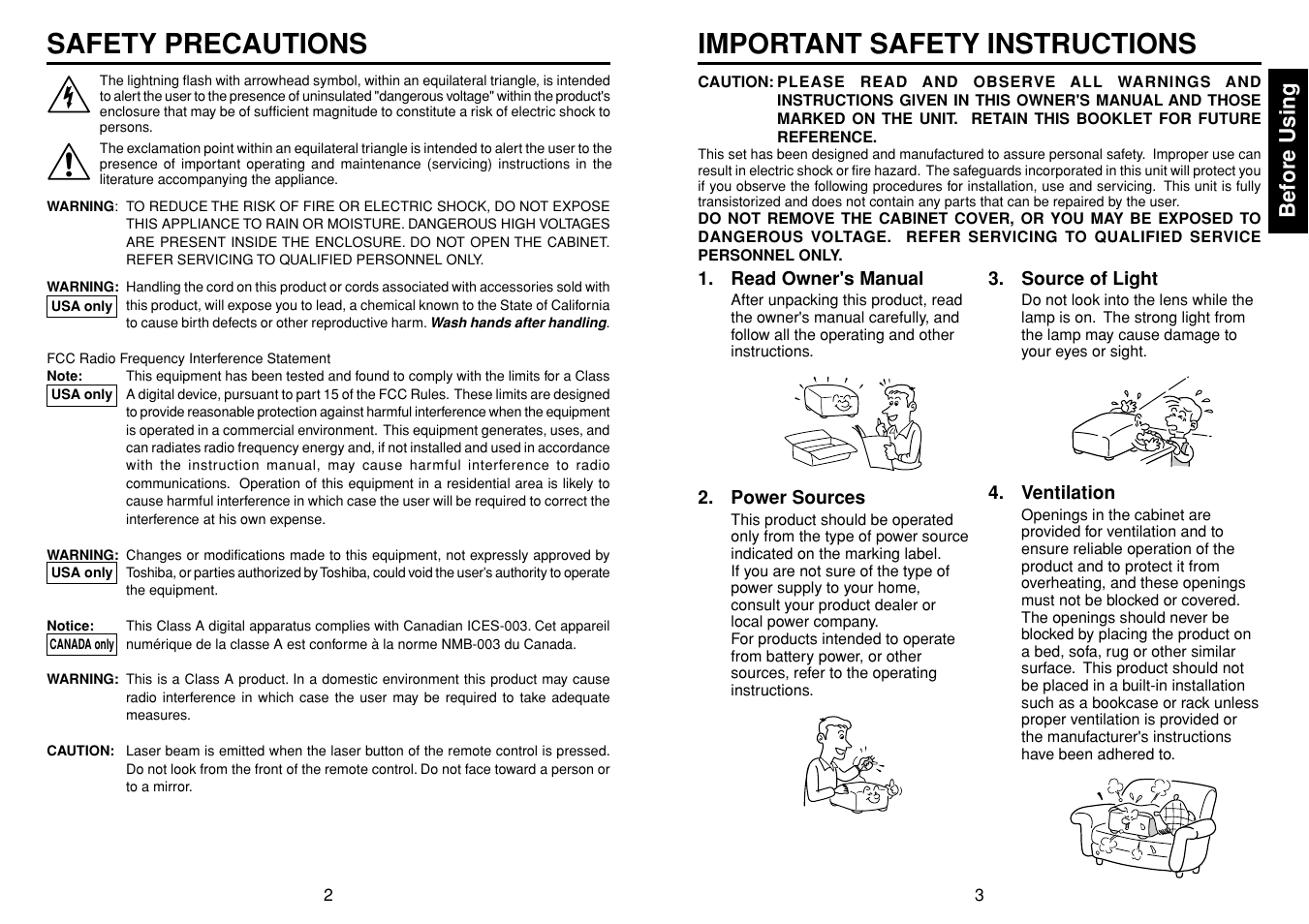 Important safety instructions, Safety precautions, Before using | Toshiba TDP-SW20 User Manual | Page 2 / 37