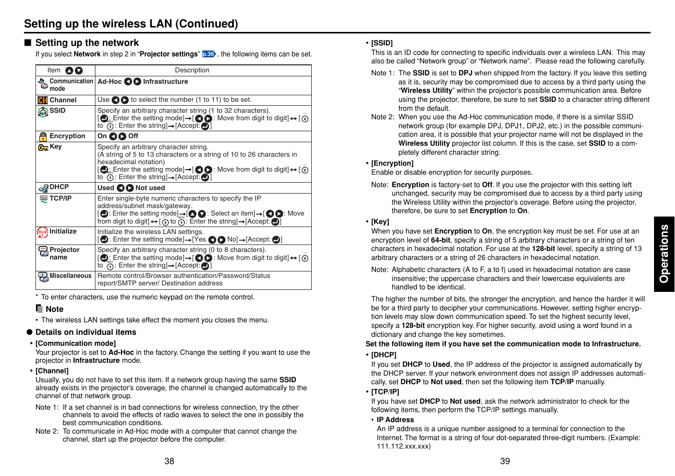 Operations, Setting up the wireless lan (continued) | Toshiba TDP-SW20 User Manual | Page 20 / 37