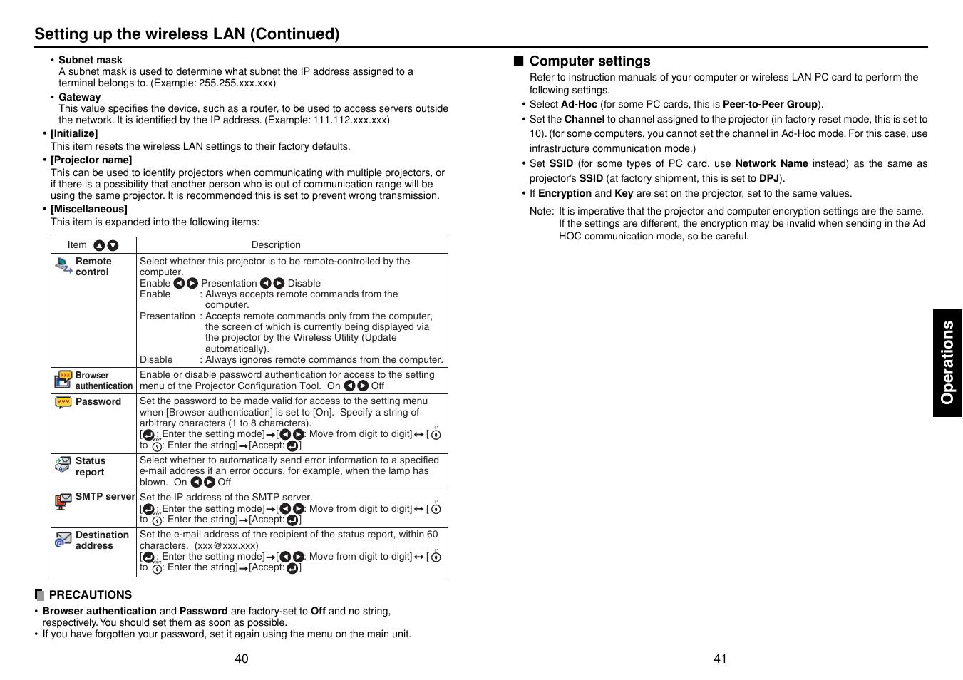Operations, Setting up the wireless lan (continued) | Toshiba TDP-SW20 User Manual | Page 21 / 37