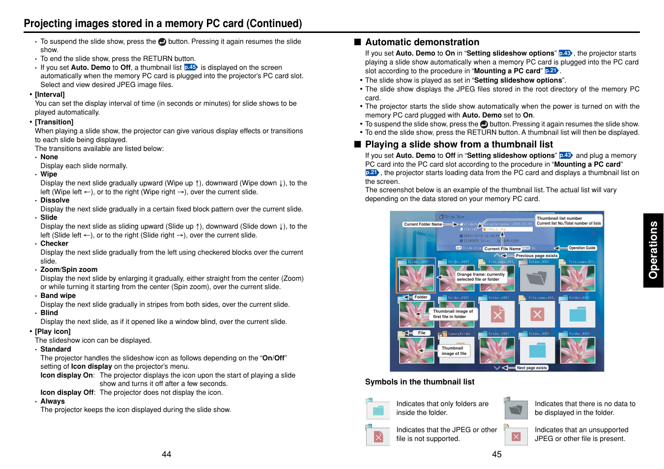 Operations, Automatic demonstration, Playing a slide show from a thumbnail list | Toshiba TDP-SW20 User Manual | Page 23 / 37