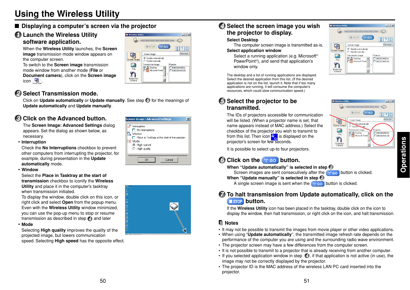 Using the wireless utility, Operations | Toshiba TDP-SW20 User Manual | Page 26 / 37