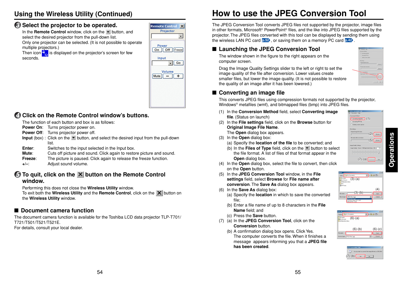 How to use the jpeg conversion tool, Operations, Using the wireless utility (continued) | Toshiba TDP-SW20 User Manual | Page 28 / 37