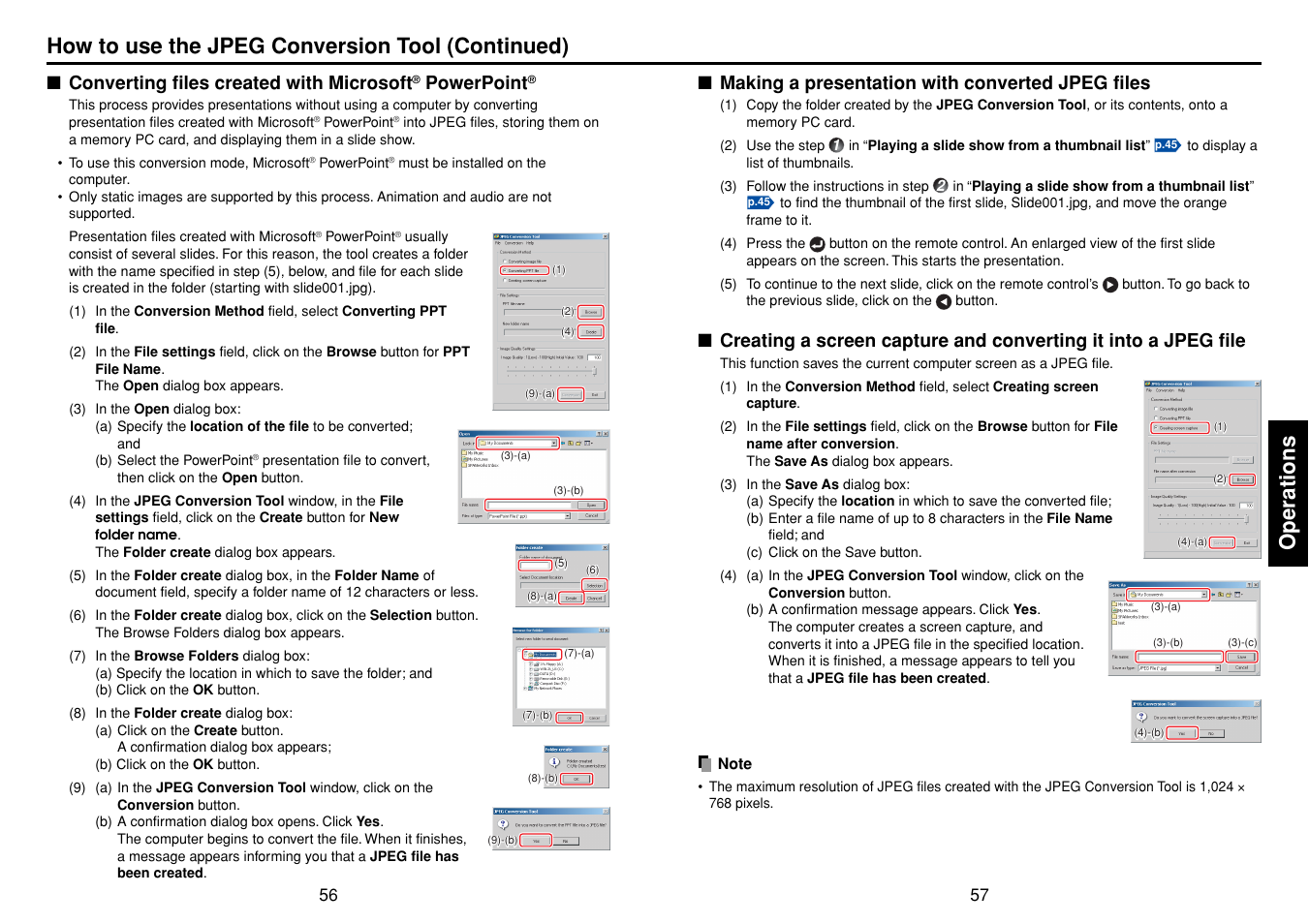 Operations, How to use the jpeg conversion tool (continued), Converting files created with microsoft | Powerpoint, Making a presentation with converted jpeg files | Toshiba TDP-SW20 User Manual | Page 29 / 37
