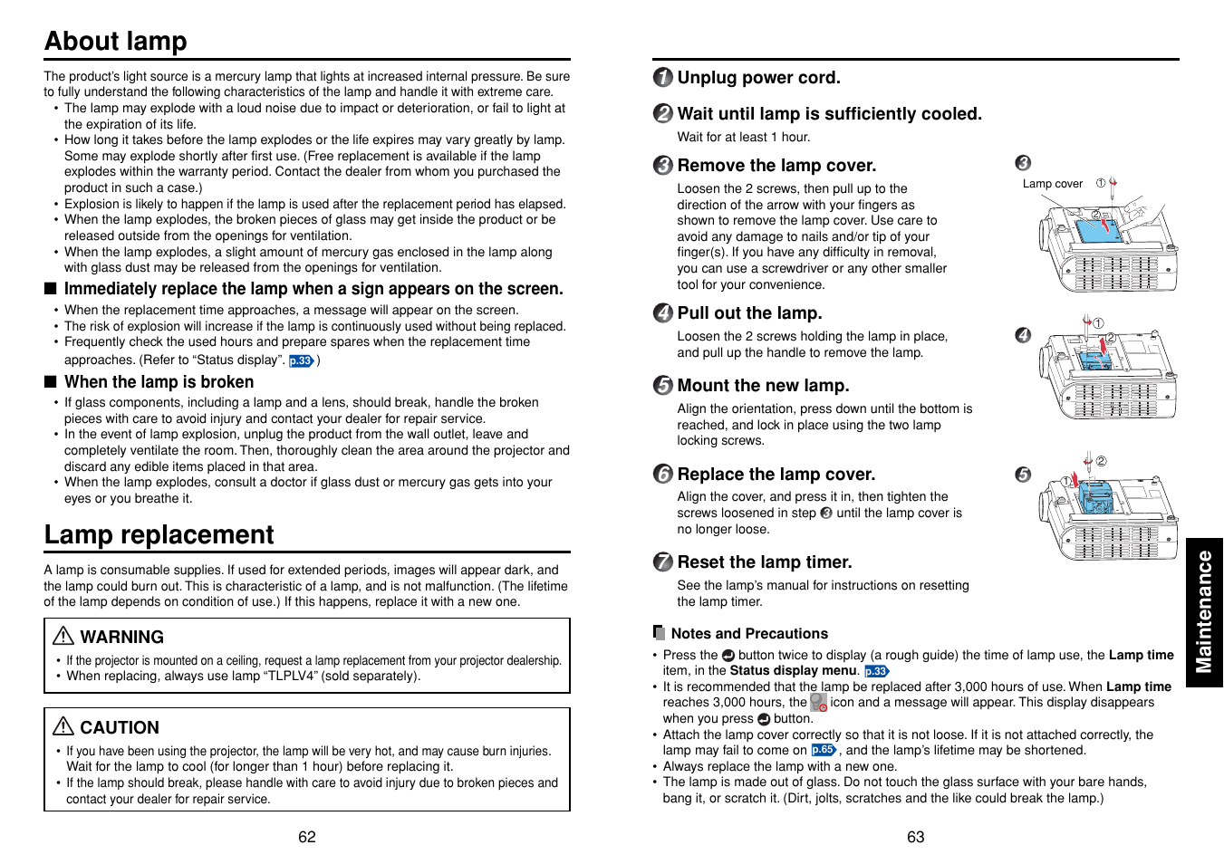 About lamp, Lamp replacement, Maintenance | Toshiba TDP-SW20 User Manual | Page 32 / 37