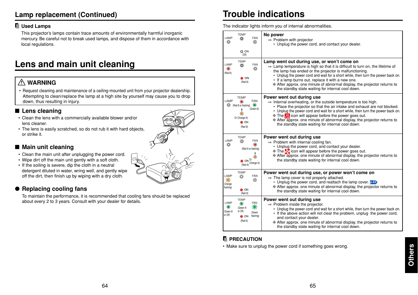 Trouble indications, Lens and main unit cleaning, Others | Lamp replacement (continued), Warning, Lens cleaning, Main unit cleaning, Replacing cooling fans | Toshiba TDP-SW20 User Manual | Page 33 / 37