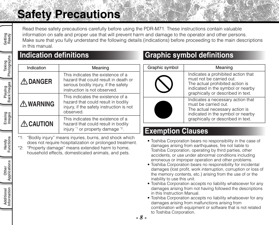 Safety precautions, Indication definitions, Graphic symbol definitions | Exemption clauses, Danger warning caution | Toshiba PDR-M71 User Manual | Page 10 / 140