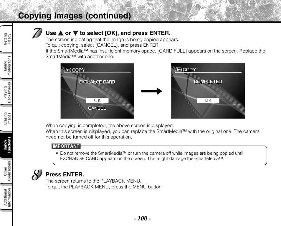 Copying images (continued), Use or to select [ok], and press enter, Press enter | Toshiba PDR-M71 User Manual | Page 102 / 140