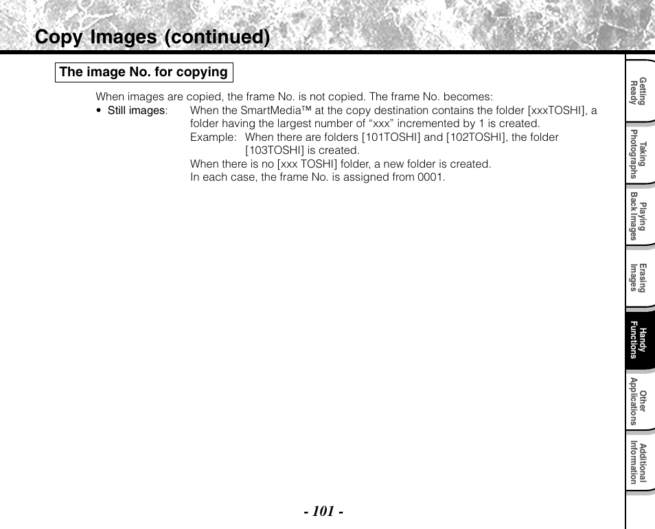 Copy images (continued), The image no. for copying | Toshiba PDR-M71 User Manual | Page 103 / 140