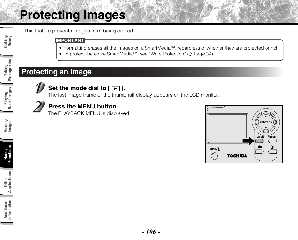 Protecting images, Protecting an image | Toshiba PDR-M71 User Manual | Page 108 / 140