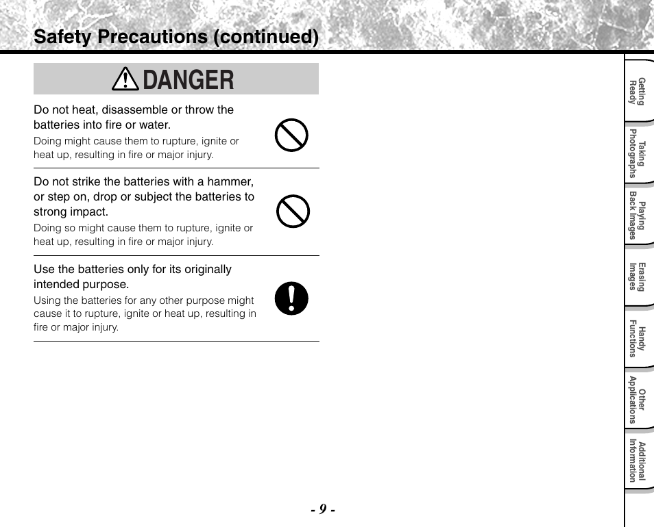 Danger, Safety precautions (continued) | Toshiba PDR-M71 User Manual | Page 11 / 140