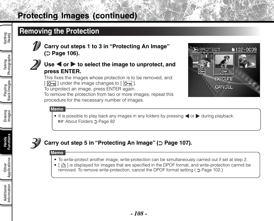 Protecting images (continued), Removing the protection | Toshiba PDR-M71 User Manual | Page 110 / 140