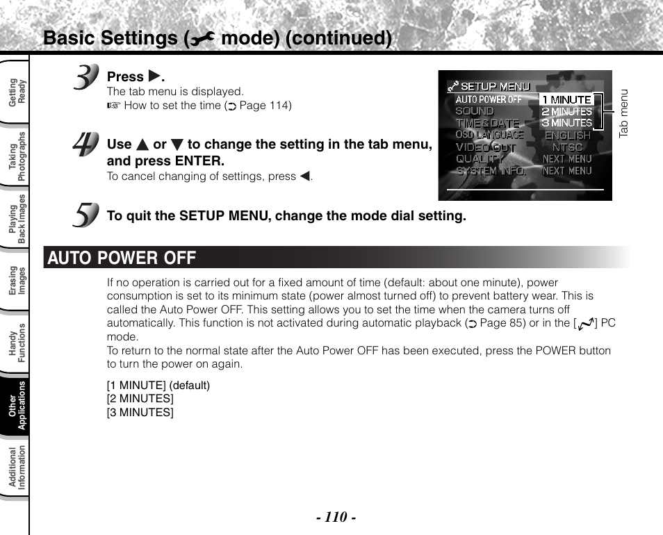 Basic settings ( mode) (continued), Auto power off | Toshiba PDR-M71 User Manual | Page 112 / 140