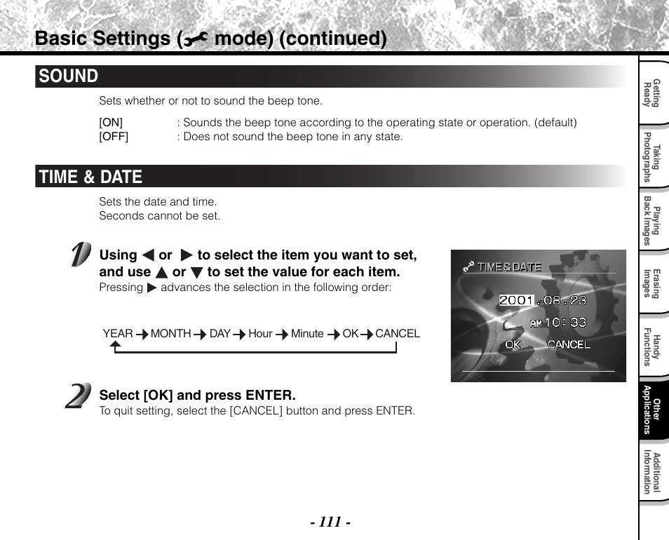 Basic settings ( mode) (continued), Sound, Time & date | Toshiba PDR-M71 User Manual | Page 113 / 140