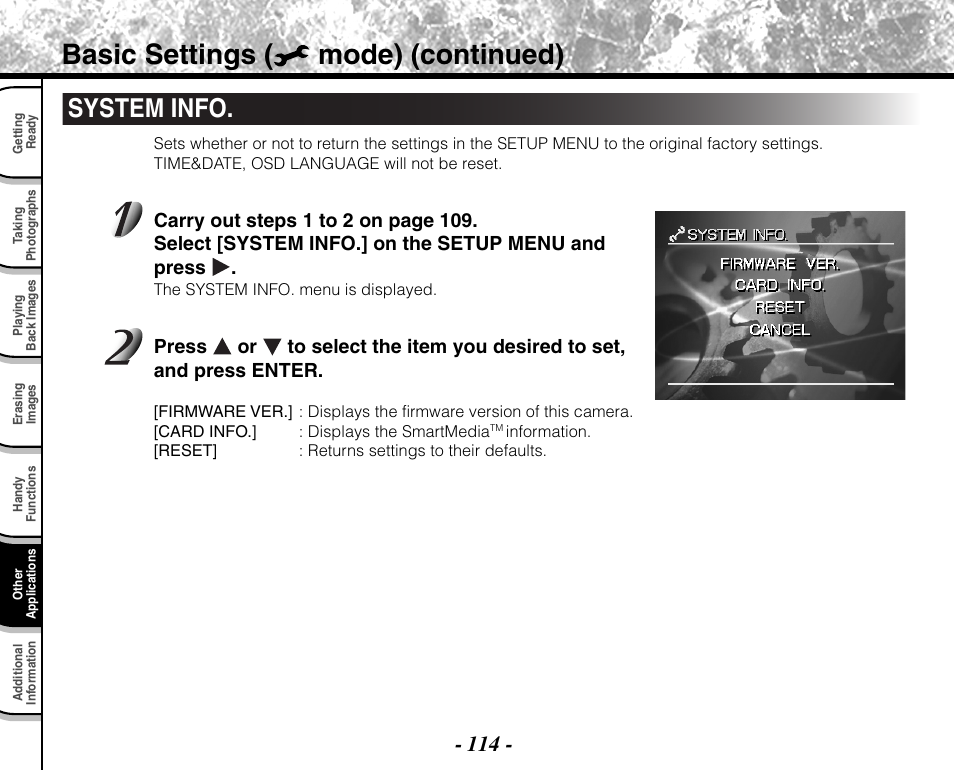 Basic settings ( mode) (continued), System info | Toshiba PDR-M71 User Manual | Page 116 / 140