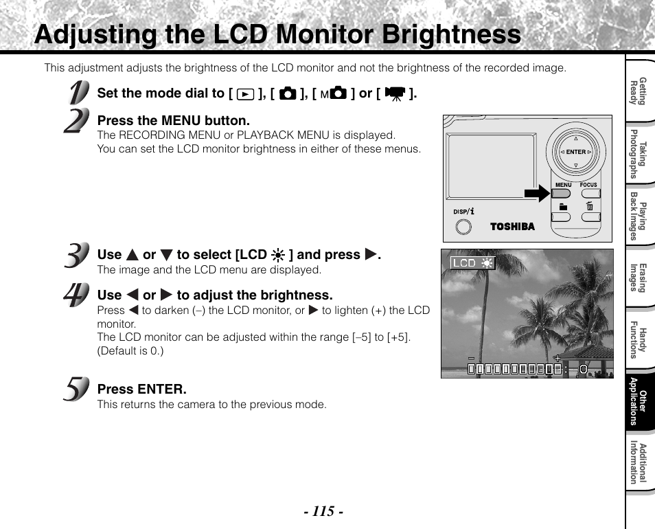 Adjusting the lcd monitor brightness | Toshiba PDR-M71 User Manual | Page 117 / 140