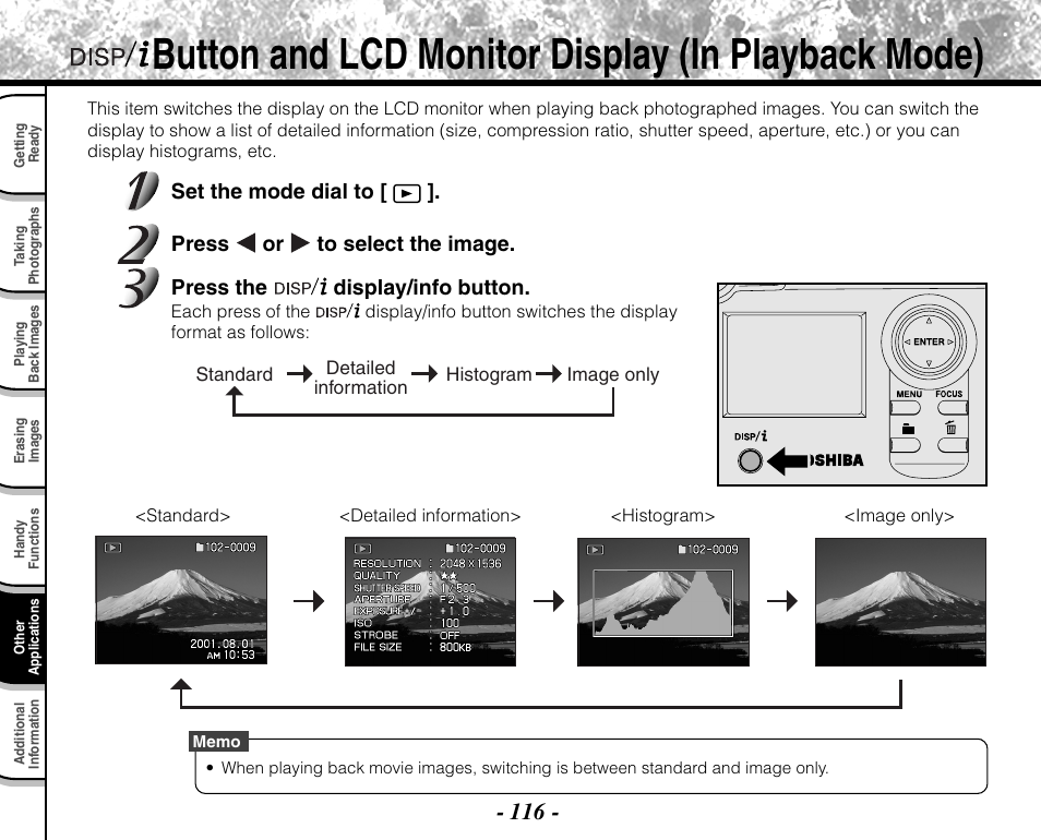 Button and lcd monitor display (in playback mode) | Toshiba PDR-M71 User Manual | Page 118 / 140