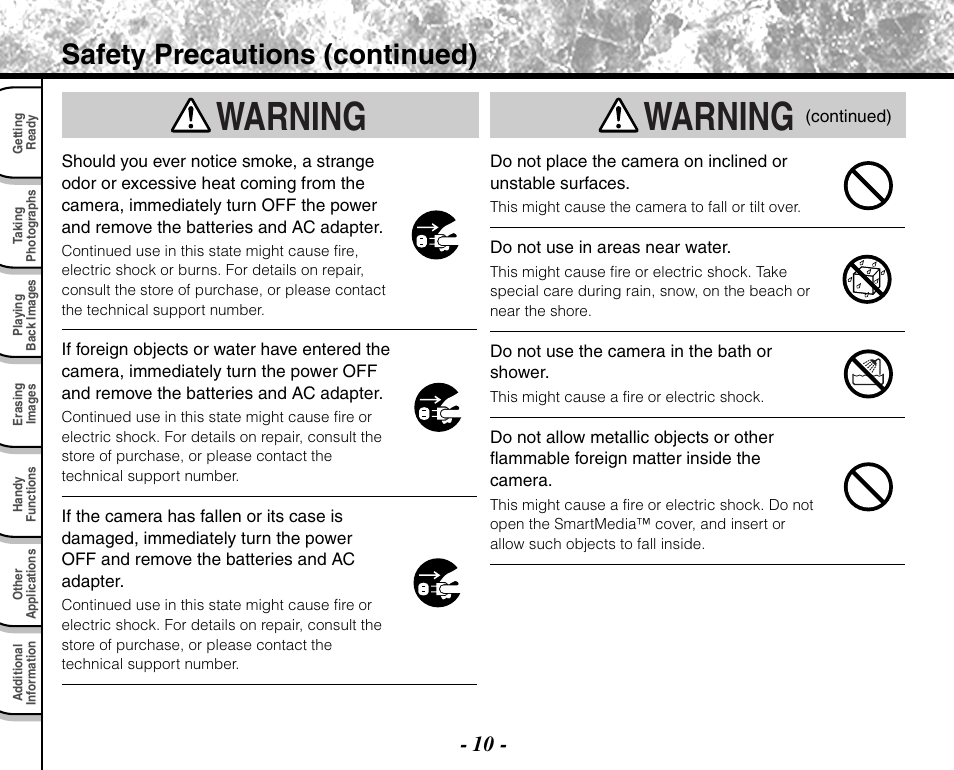 Warning, Safety precautions (continued) | Toshiba PDR-M71 User Manual | Page 12 / 140