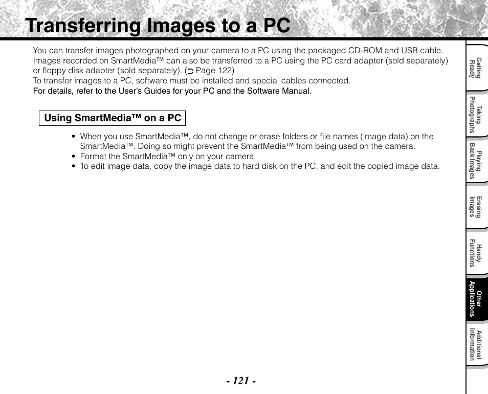 Transferring images to a pc, Using smartmedia™ on a pc | Toshiba PDR-M71 User Manual | Page 123 / 140