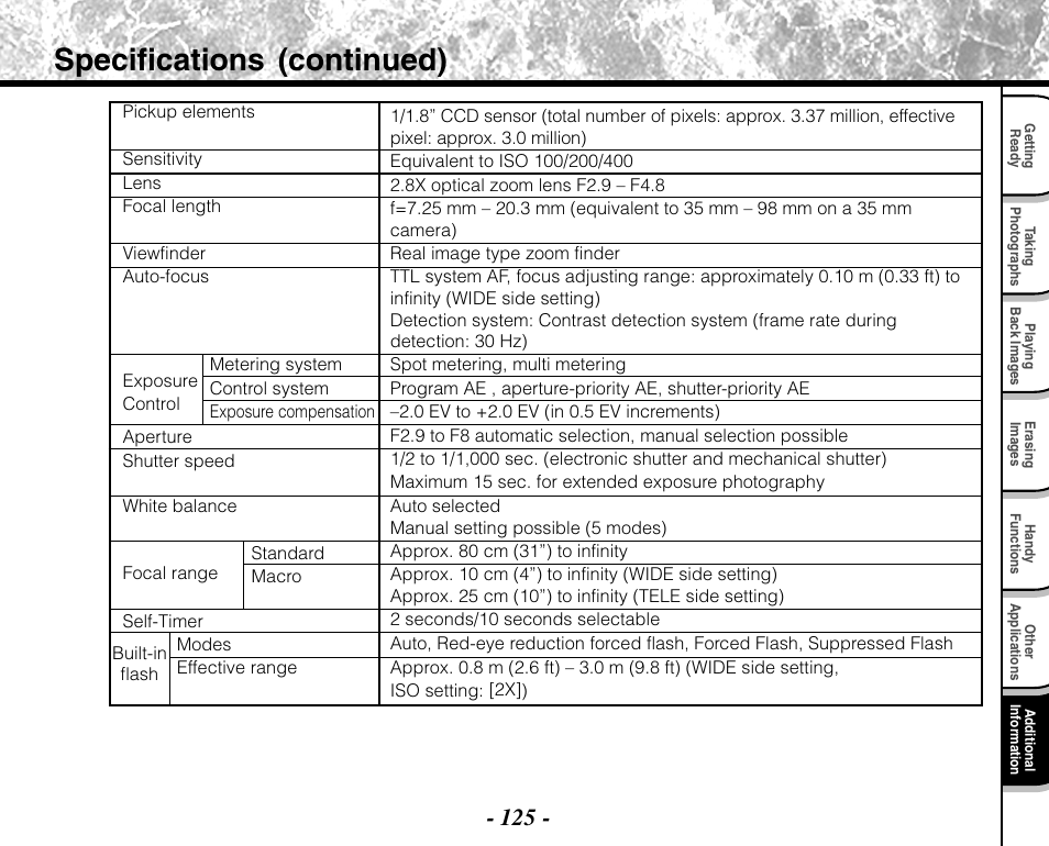 Specifications (continued) | Toshiba PDR-M71 User Manual | Page 127 / 140