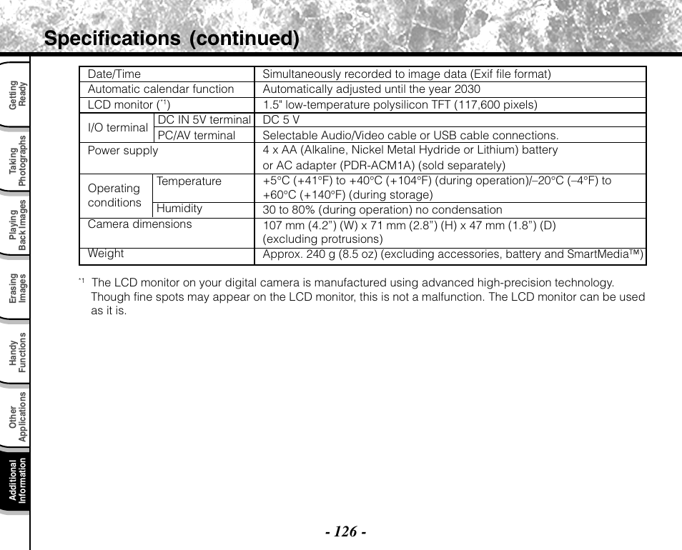 Specifications (continued) | Toshiba PDR-M71 User Manual | Page 128 / 140