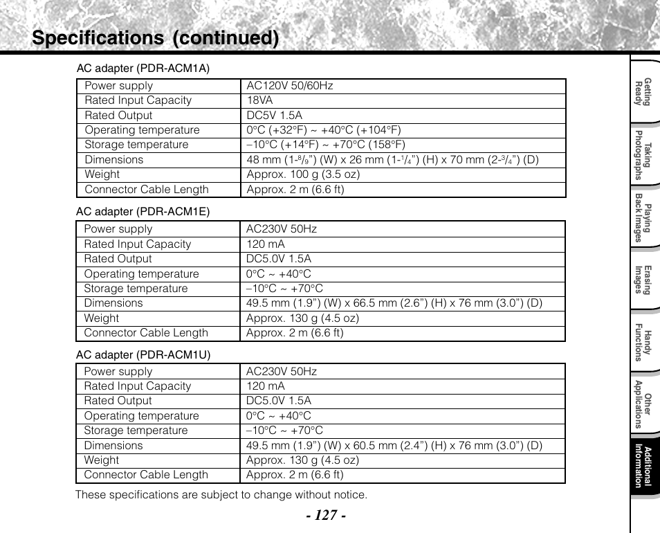 Specifications (continued) | Toshiba PDR-M71 User Manual | Page 129 / 140