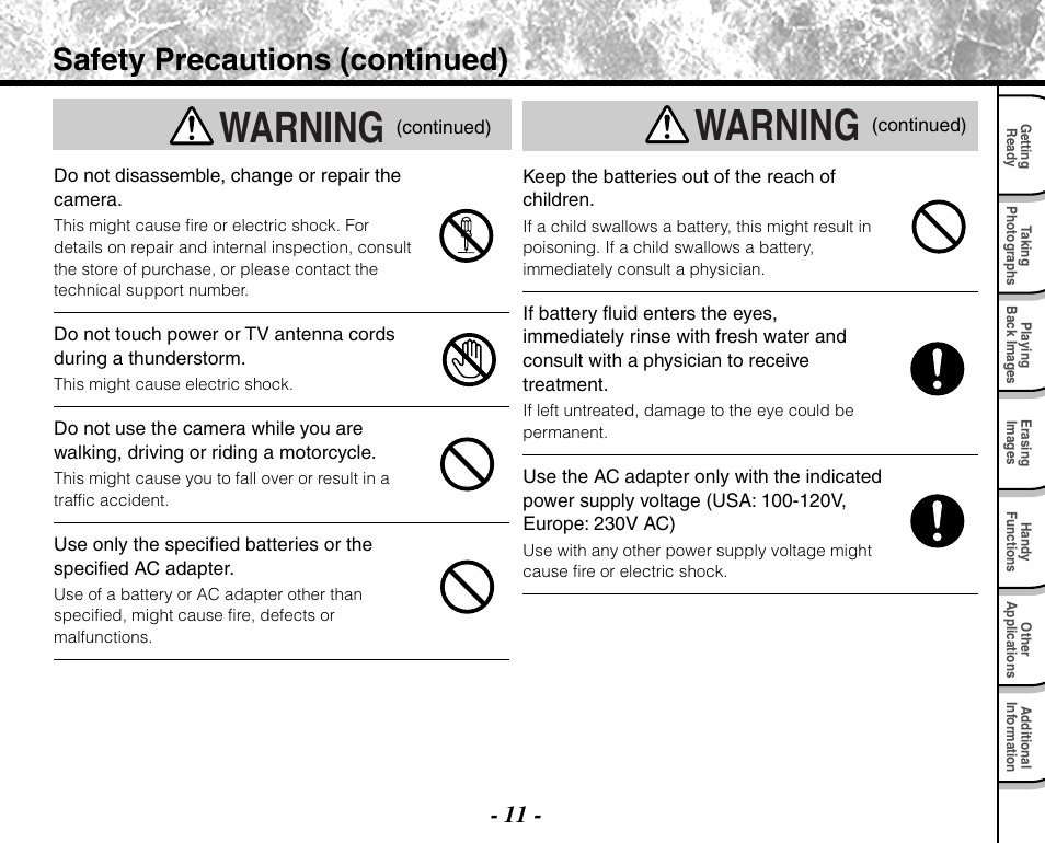 Warning, Safety precautions (continued) | Toshiba PDR-M71 User Manual | Page 13 / 140