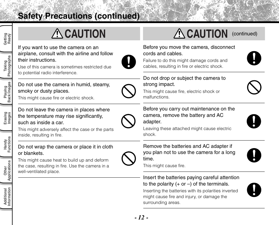 Caution, Safety precautions (continued) | Toshiba PDR-M71 User Manual | Page 14 / 140