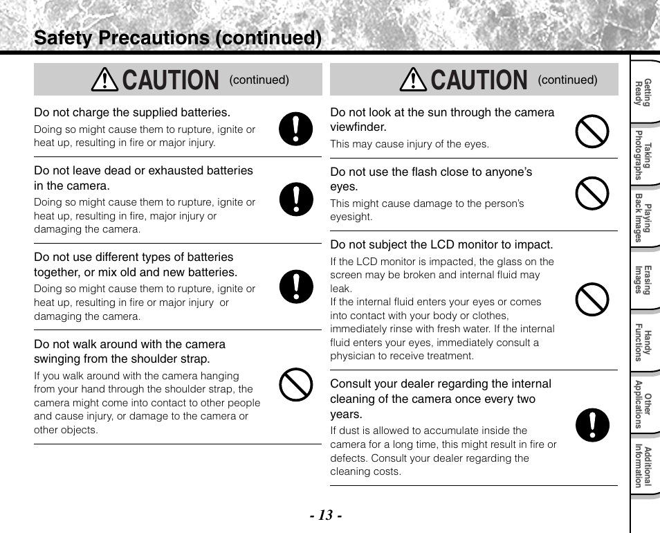 Caution, Safety precautions (continued) | Toshiba PDR-M71 User Manual | Page 15 / 140