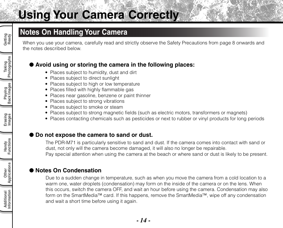 Using your camera correctly | Toshiba PDR-M71 User Manual | Page 16 / 140