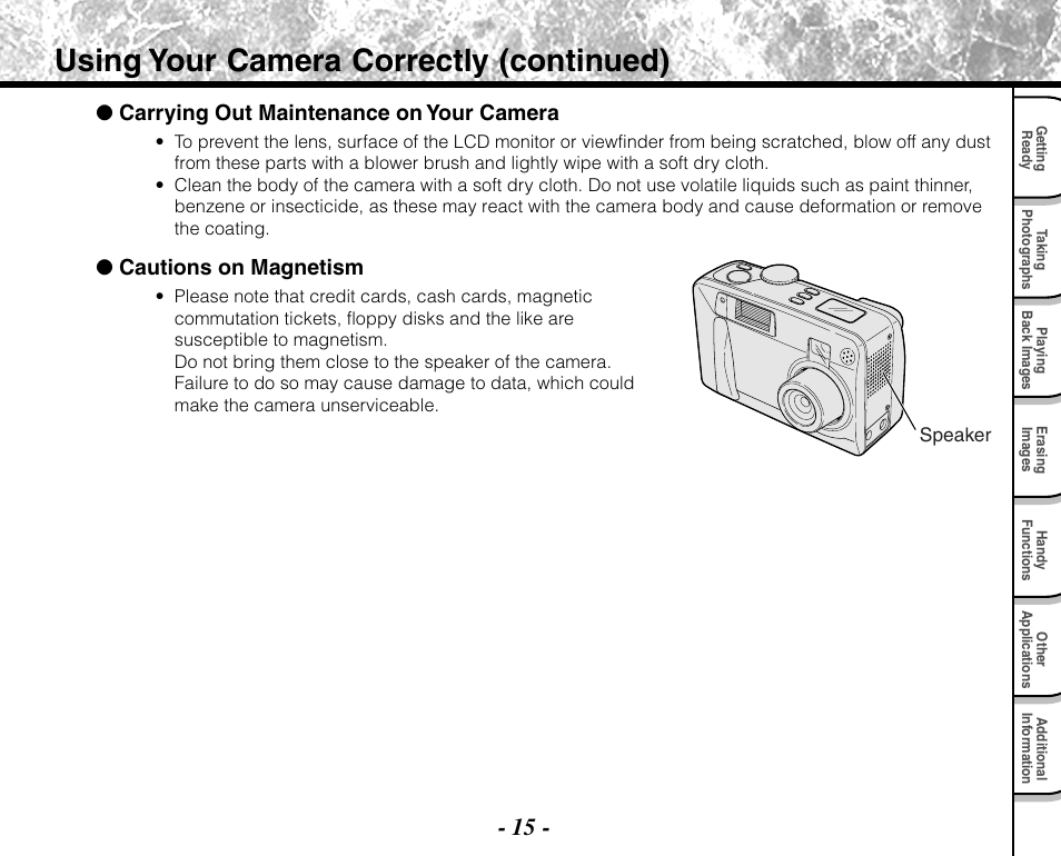 Using your camera correctly (continued), Carrying out maintenance on your camera, Cautions on magnetism | Toshiba PDR-M71 User Manual | Page 17 / 140