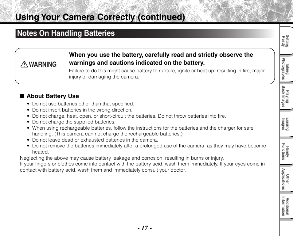 Using your camera correctly (continued), Warning | Toshiba PDR-M71 User Manual | Page 19 / 140