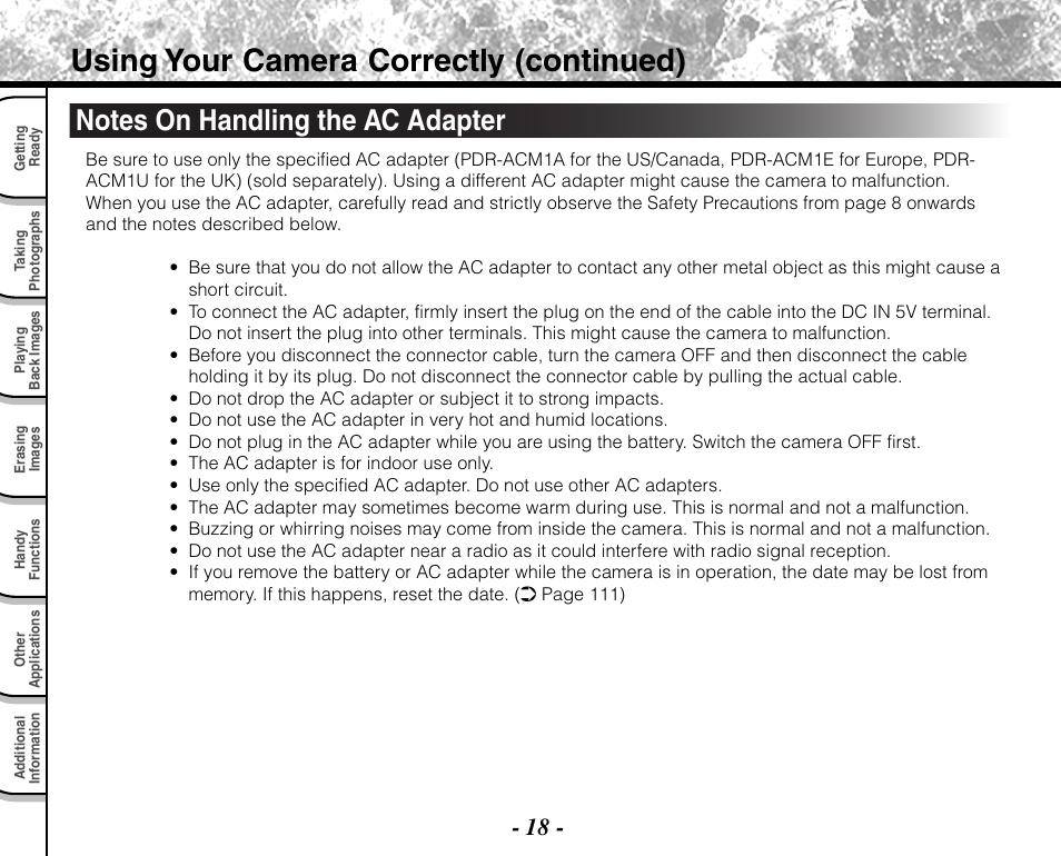 Using your camera correctly (continued) | Toshiba PDR-M71 User Manual | Page 20 / 140