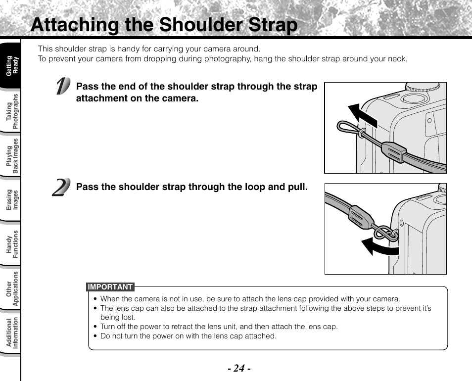 Attaching the shoulder strap | Toshiba PDR-M71 User Manual | Page 26 / 140