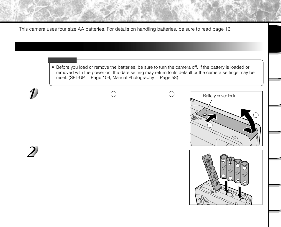 Installing the batteries, Loading the batteries, Unlock the battery cover | Slide it, and open | Toshiba PDR-M71 User Manual | Page 27 / 140