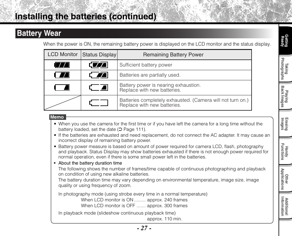 Installing the batteries (continued), Battery wear | Toshiba PDR-M71 User Manual | Page 29 / 140